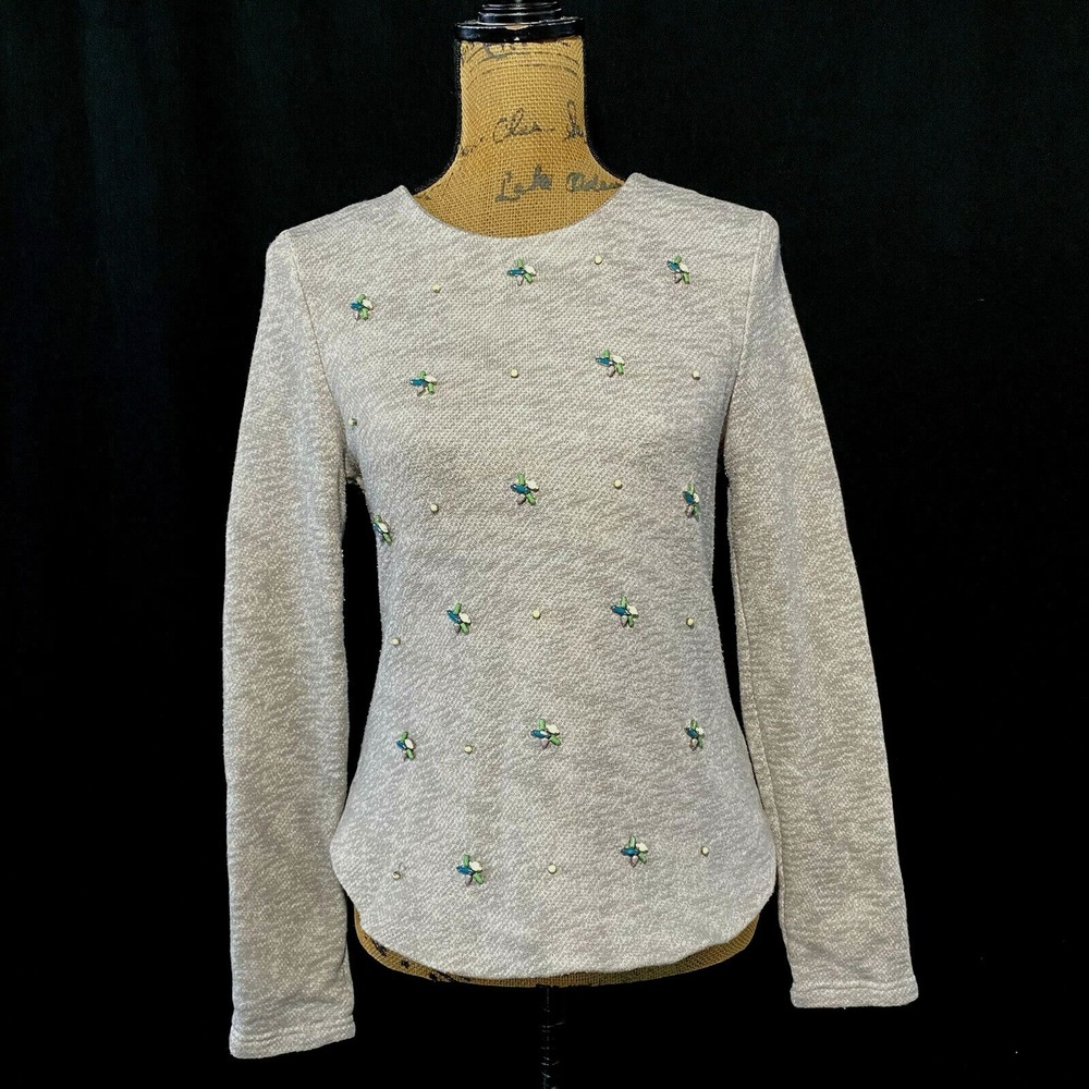 Greylin Sweatshirt SMALL Heather Gray Teal Green Beige Bead Long Sl U Hem Top